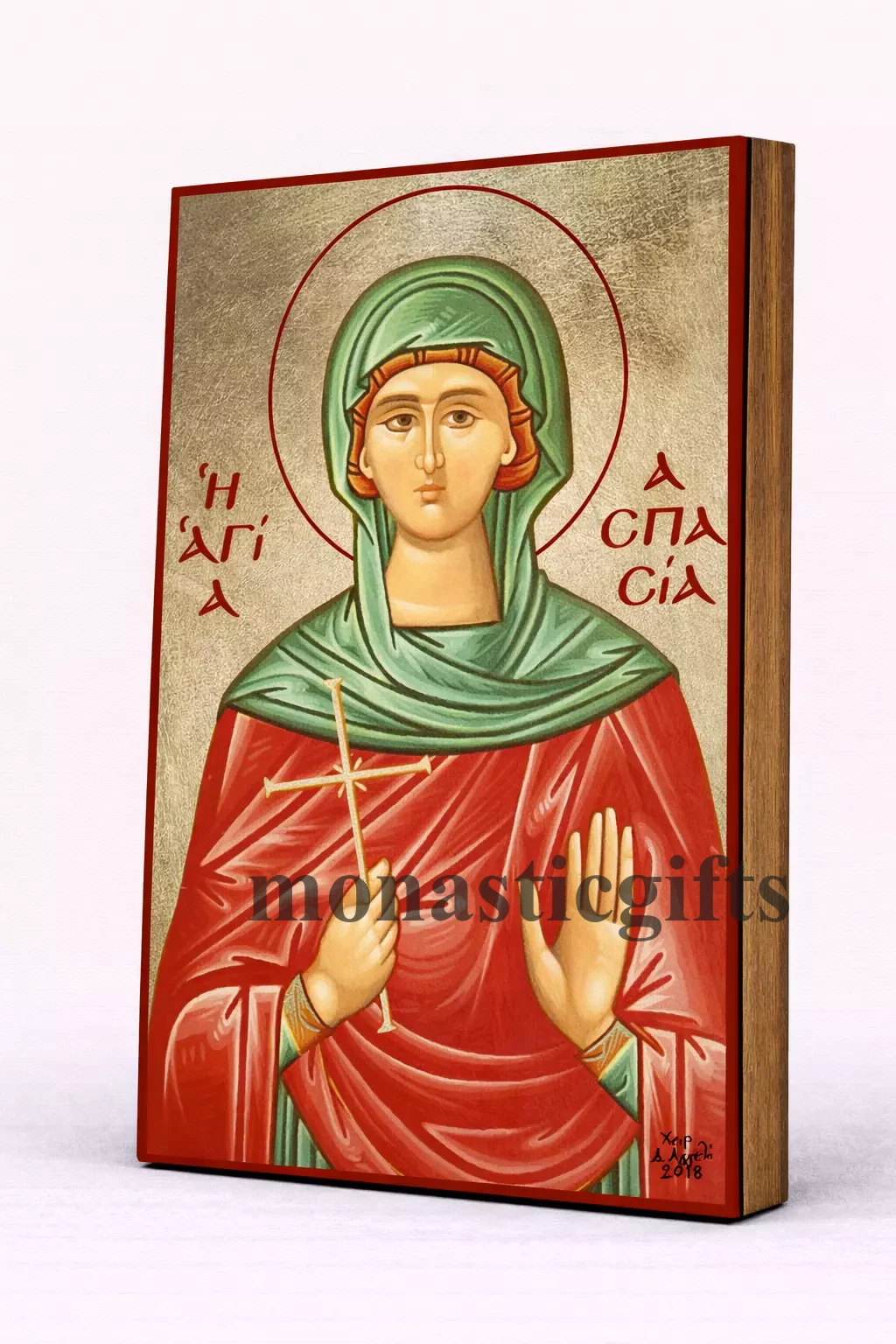 Saint Aspasia the Martyr Byzantine Icon – Handmade Wooden Orthodox Icon on Gold Silk Canvas, Various Sizes
