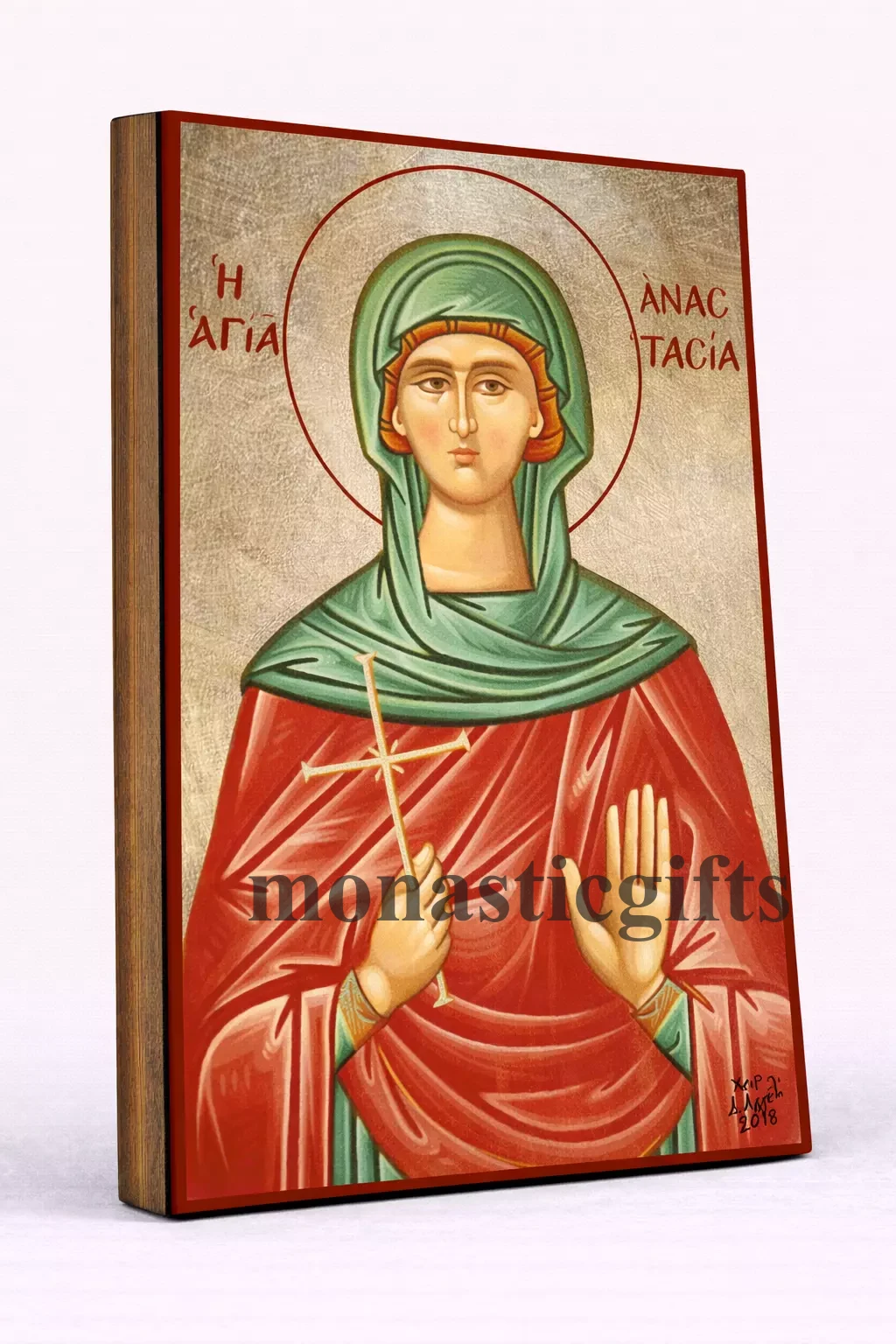 Saint Aspasia the Martyr Byzantine Icon – Handmade Wooden Orthodox Icon on Gold Silk Canvas, Various Sizes