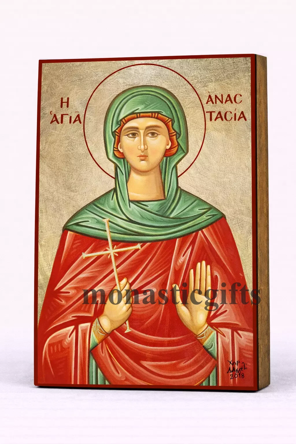 Saint Aspasia the Martyr Byzantine Icon – Handmade Wooden Orthodox Icon on Gold Silk Canvas, Various Sizes