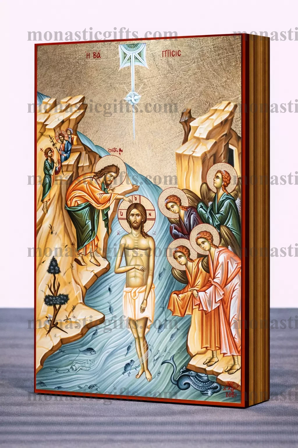 The Baptism of Christ (Theophany) Byzantine Icon – Handmade Wooden Orthodox Icon on Gold Silk Canvas, Various Sizes