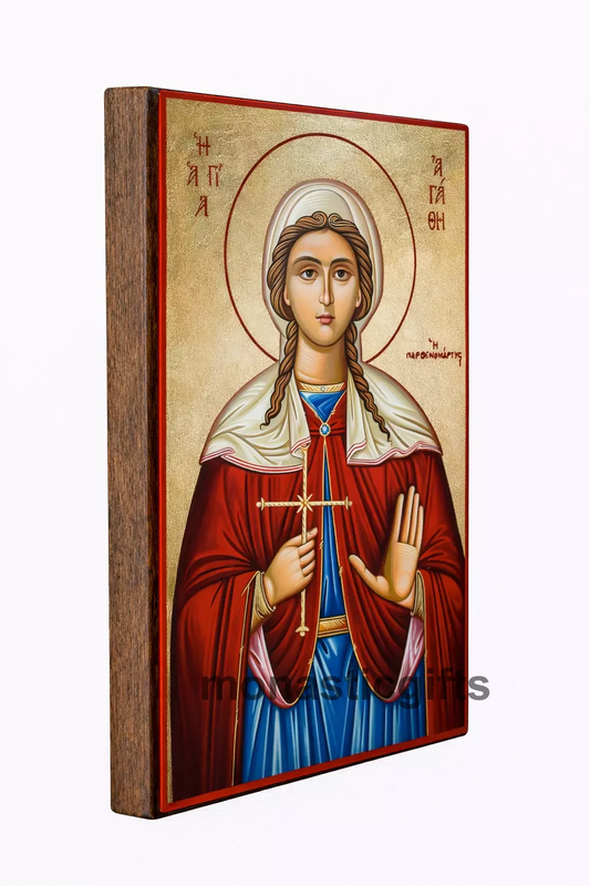 Saint Agatha, Virgin Martyr  Byzantine Icon – Handmade Wooden Orthodox Icon on Gold Silk Canvas, Various Sizes