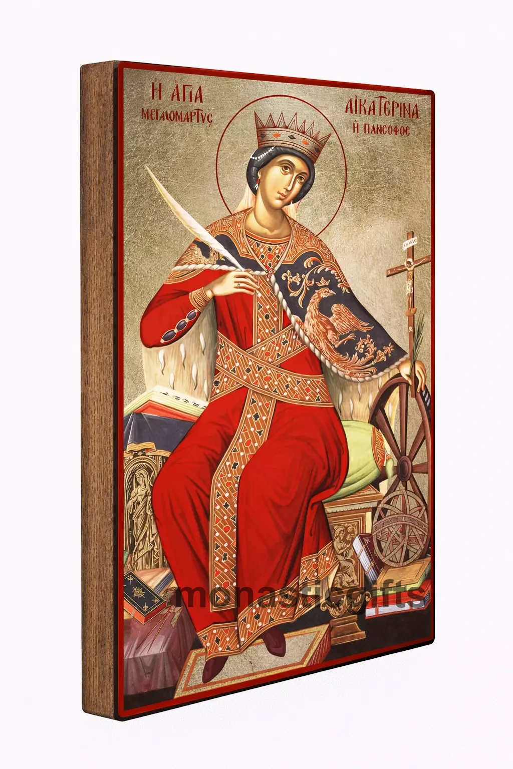 Saint Catherine  Byzantine Icon – Handmade Wooden Orthodox Icon on Gold Silk Canvas, Various Sizes