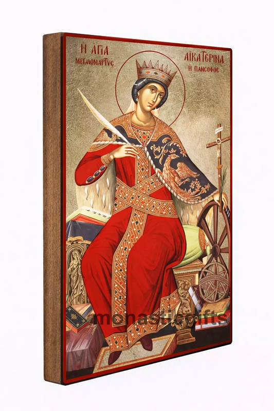 Saint Catherine  Byzantine Icon – Handmade Wooden Orthodox Icon on Gold Silk Canvas, Various Sizes