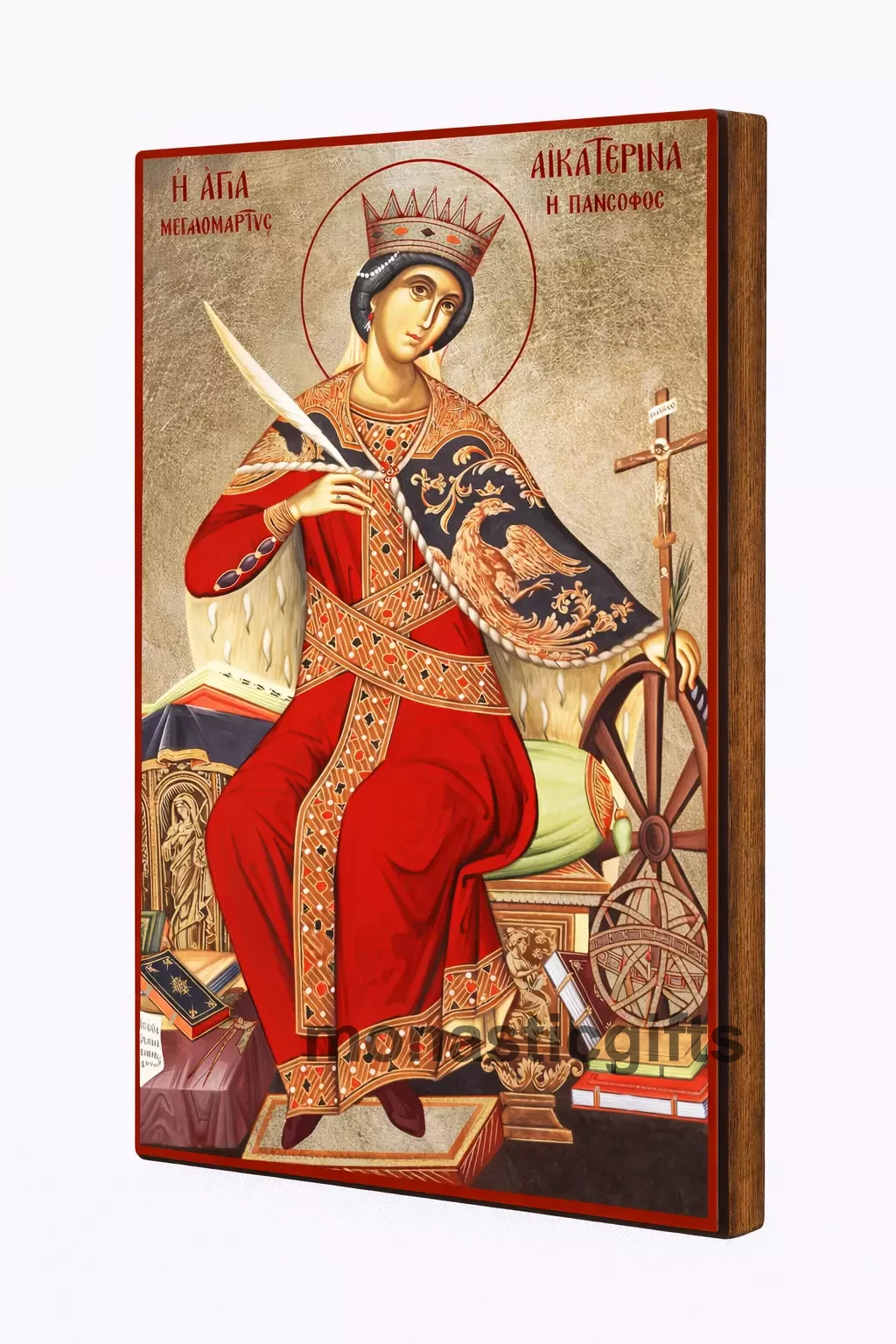 Saint Catherine  Byzantine Icon – Handmade Wooden Orthodox Icon on Gold Silk Canvas, Various Sizes