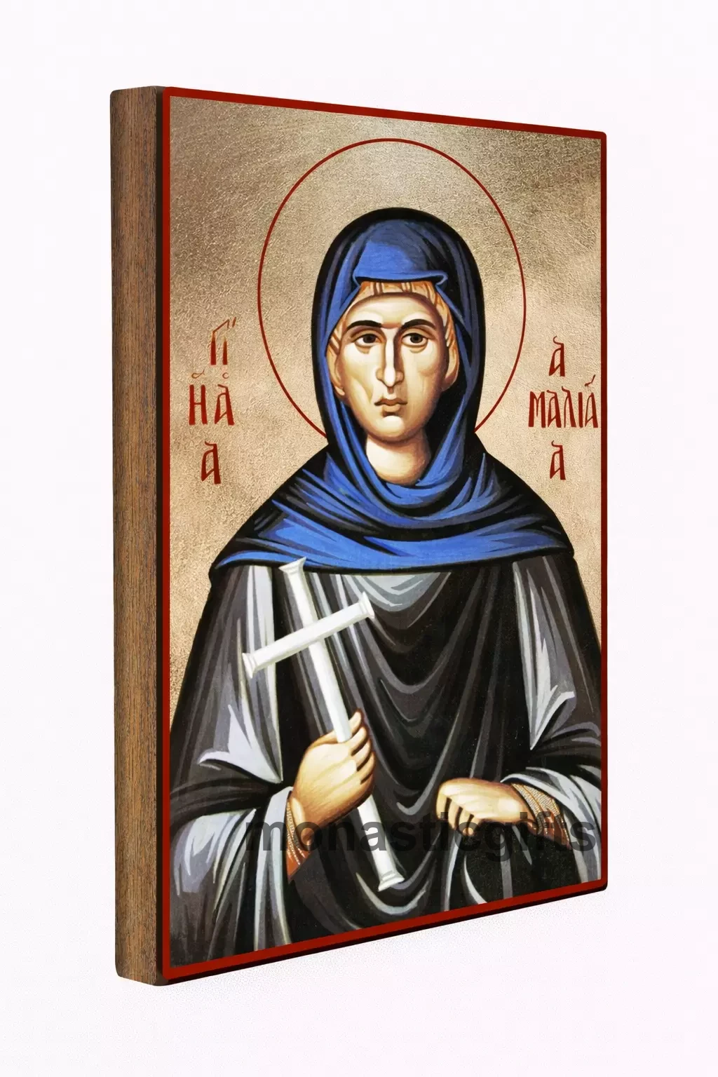 Saint Amalia Byzantine Icon – Handmade Wooden Orthodox Icon on Gold Silk Canvas, Various Sizes