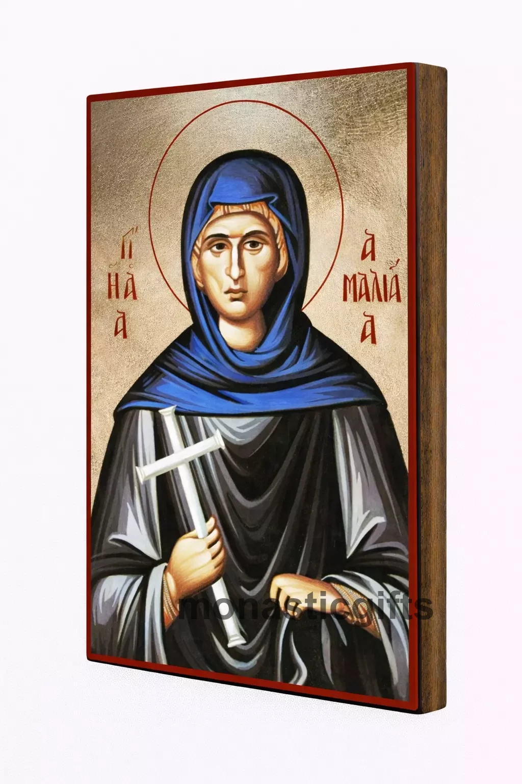 Saint Amalia Byzantine Icon – Handmade Wooden Orthodox Icon on Gold Silk Canvas, Various Sizes