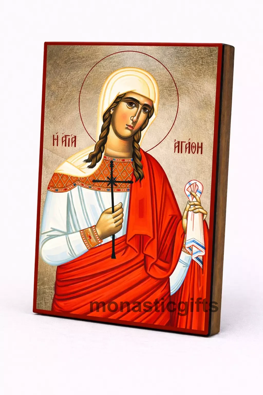 Saint Agatha Byzantine Icon – Handmade Wooden Orthodox Icon on Gold Silk Canvas, Various Sizes