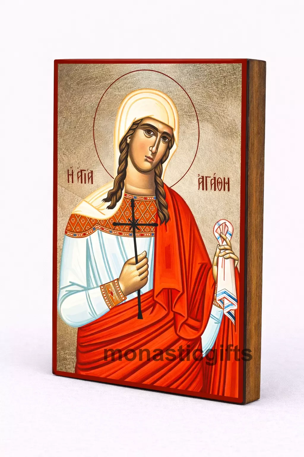 Saint Agatha Byzantine Icon – Handmade Wooden Orthodox Icon on Gold Silk Canvas, Various Sizes