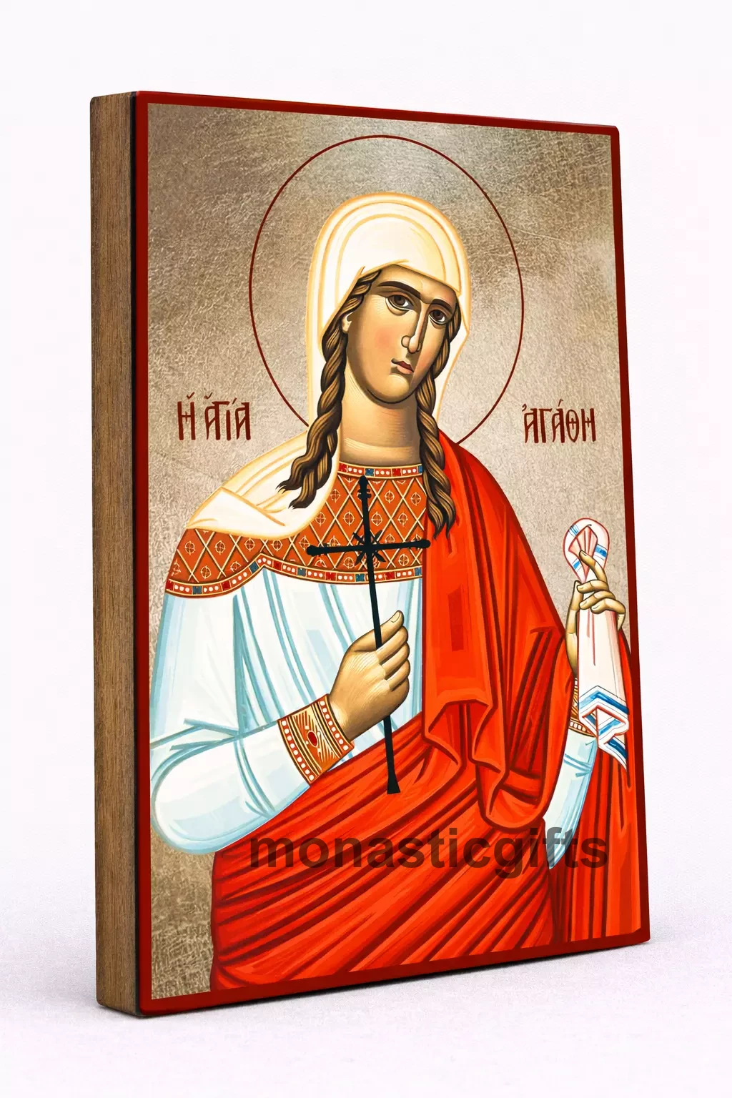 Saint Agatha Byzantine Icon – Handmade Wooden Orthodox Icon on Gold Silk Canvas, Various Sizes