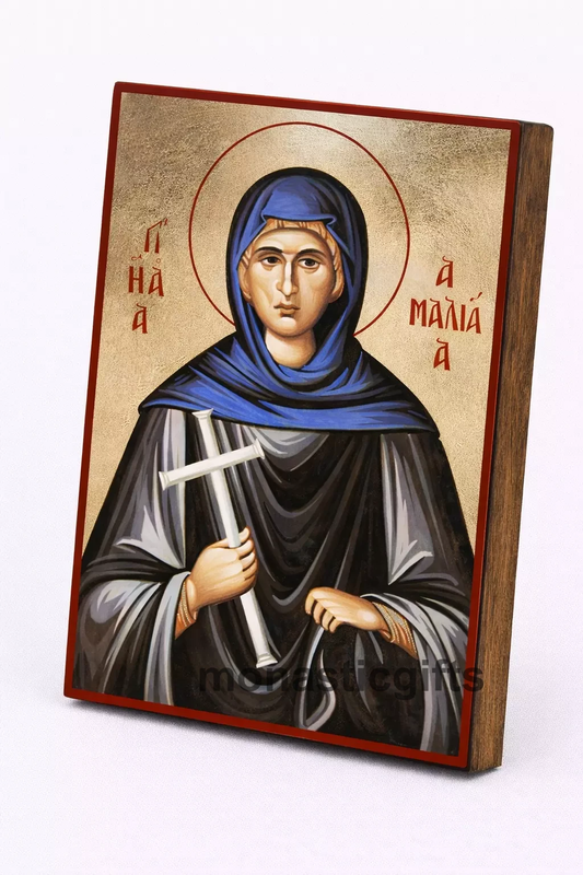 Saint Amalia Byzantine Icon – Handmade Wooden Orthodox Icon on Gold Silk Canvas, Various Sizes