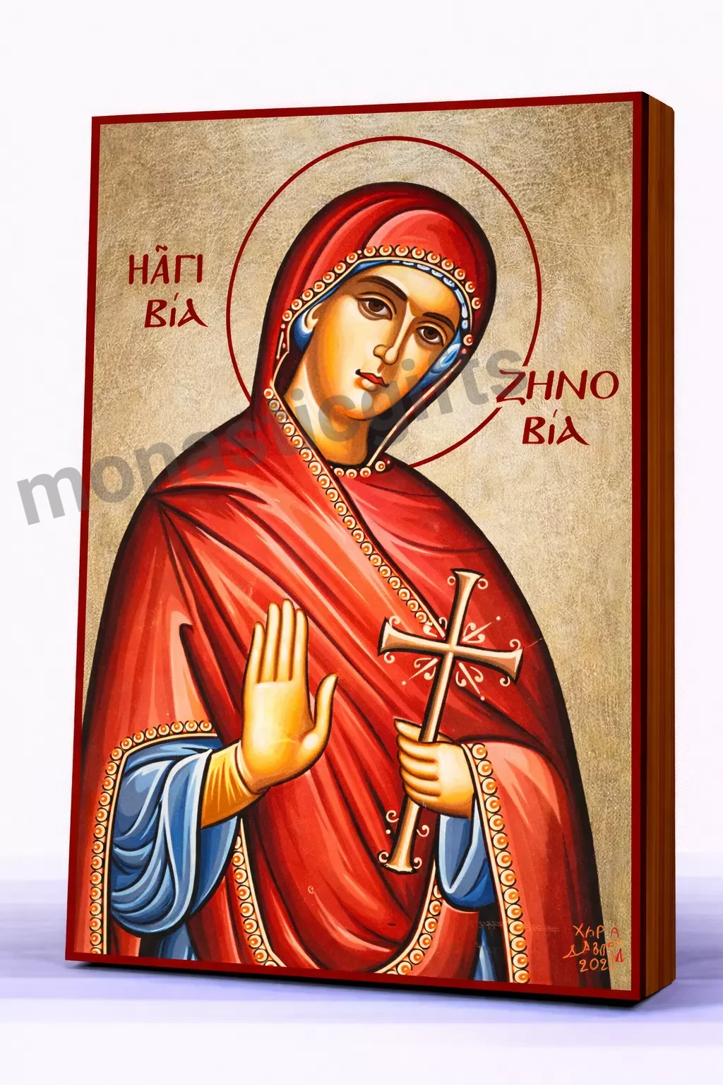 Saint Zenovia Byzantine Icon – Handmade Wooden Orthodox Icon on Gold Silk Canvas, Various Sizes