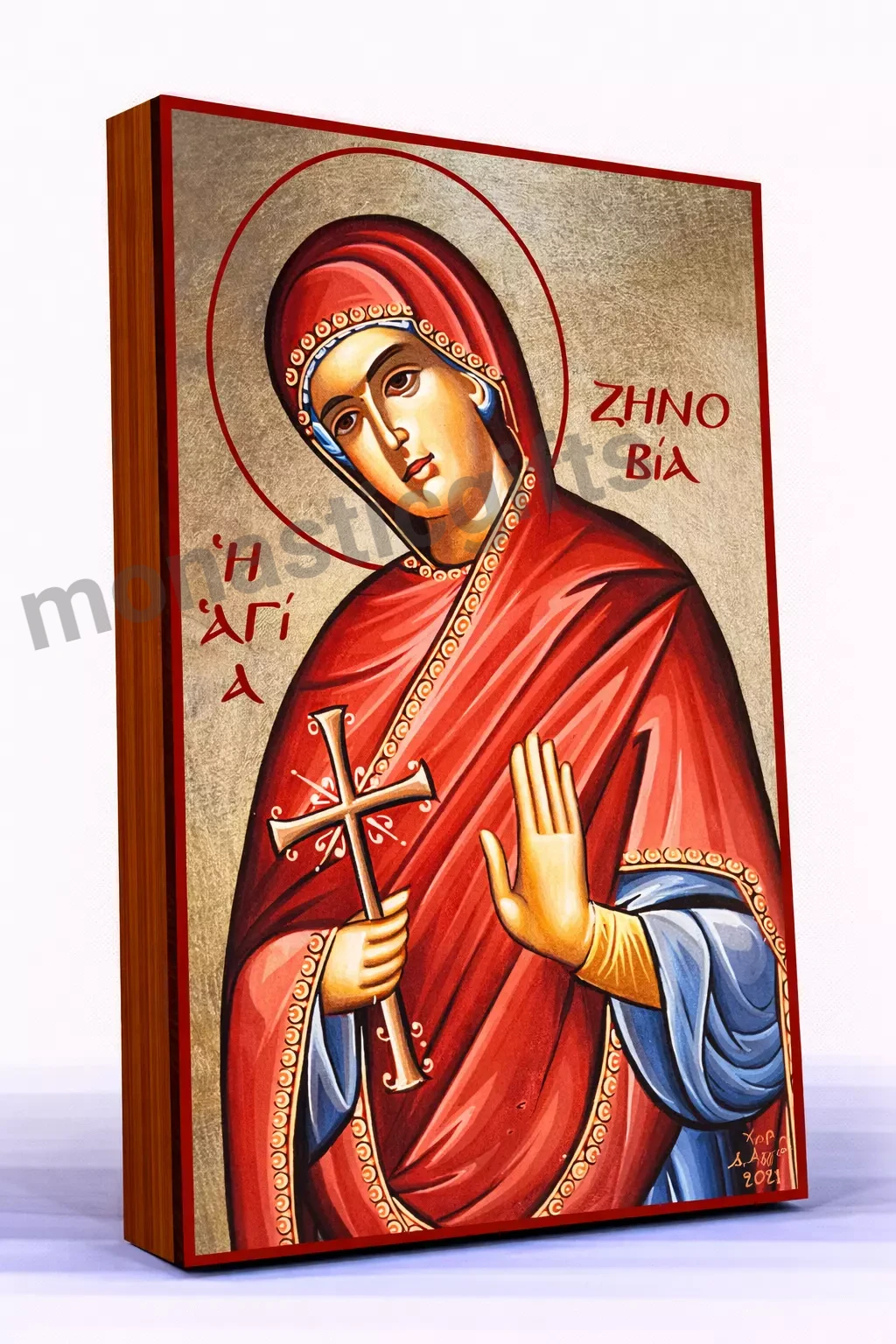 Saint Zenovia Byzantine Icon – Handmade Wooden Orthodox Icon on Gold Silk Canvas, Various Sizes