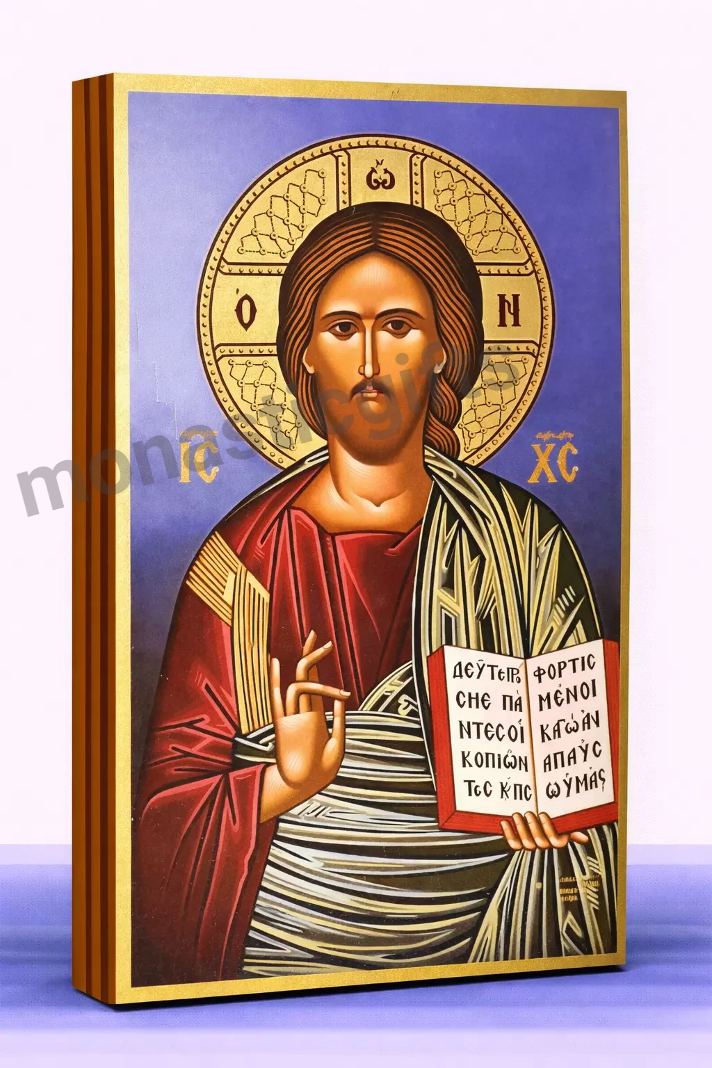 Christ the Blessing One on a Blue Heavenly Background  – Handmade Wooden Byzantine Icon  on Gold Silk Canvas, Various Sizes