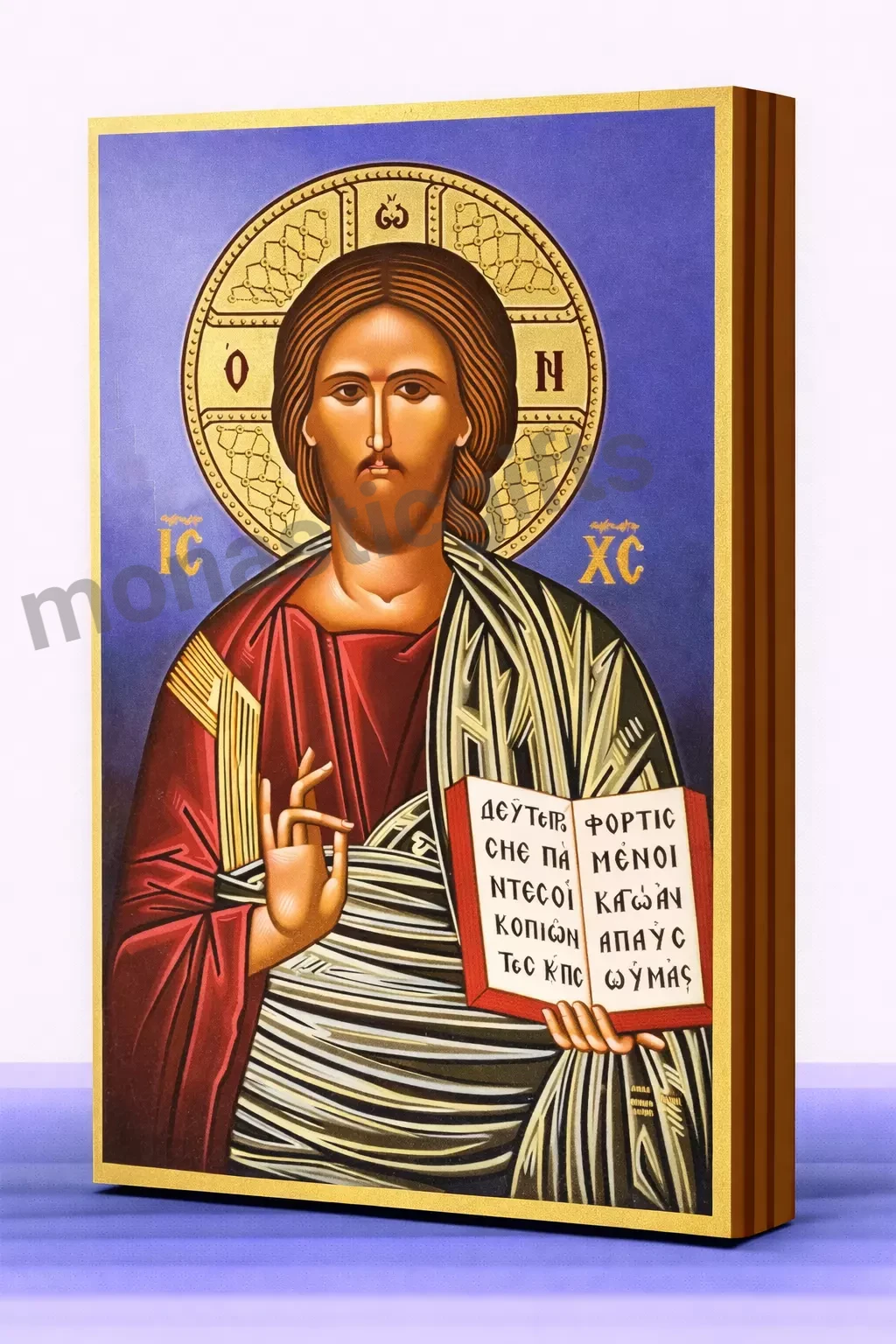 Christ the Blessing One on a Blue Heavenly Background  – Handmade Wooden Byzantine Icon  on Gold Silk Canvas, Various Sizes