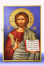 Christ the Blessing One on a Blue Heavenly Background  – Handmade Wooden Byzantine Icon  on Gold Silk Canvas, Various Sizes