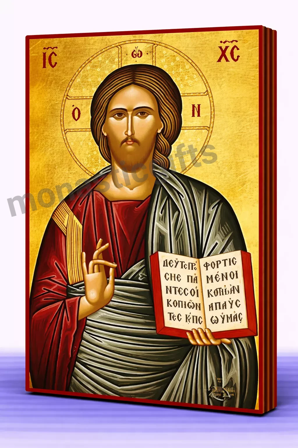 Christ the Blessing One – Handmade Byzantine Icon on Gold Silk with Wooden Panel, Various Sizes