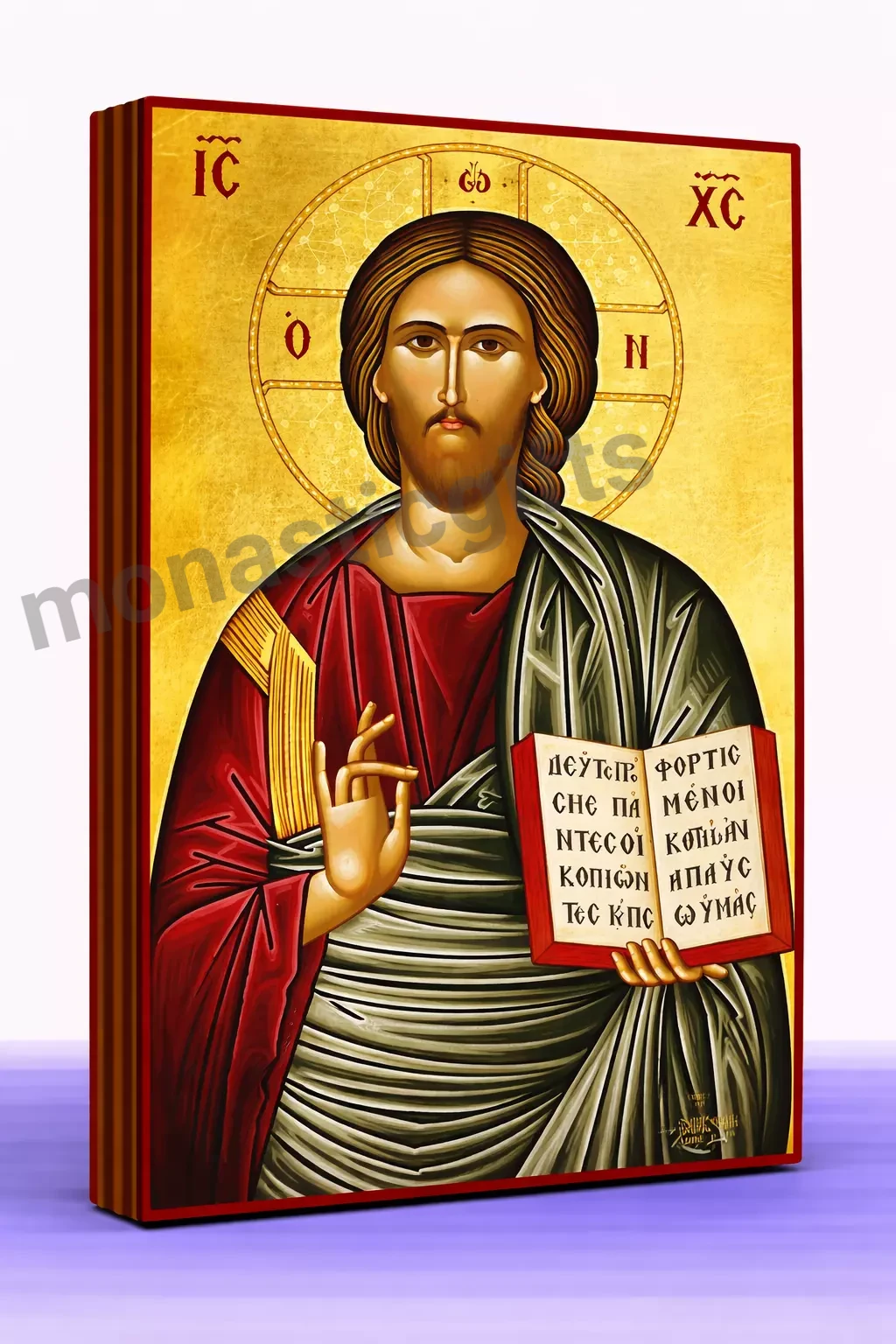 Christ the Blessing One – Handmade Byzantine Icon on Gold Silk with Wooden Panel, Various Sizes