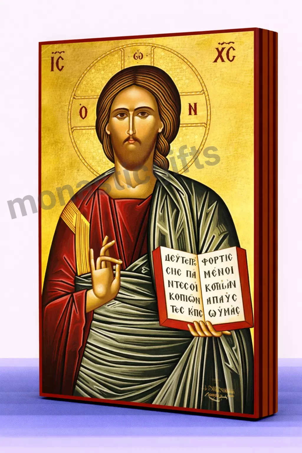Christ the Blessing One – Handmade Byzantine Icon on Gold Silk with Wooden Panel, Various Sizes