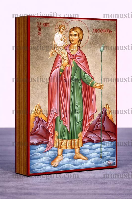 Saint Christopher Byzantine Icon – Handmade Wooden Orthodox Icon on Gold Silk Canvas, Various Sizes