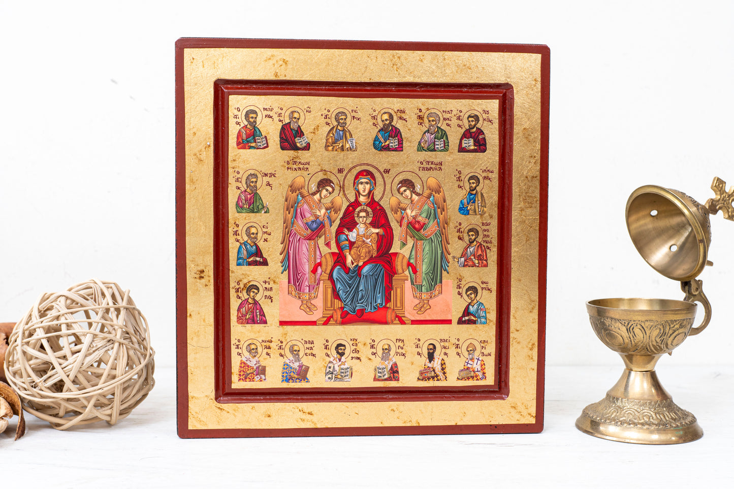 Virgin Mary with Apostles Icon – Handmade Byzantine Gold Leaf on Wood