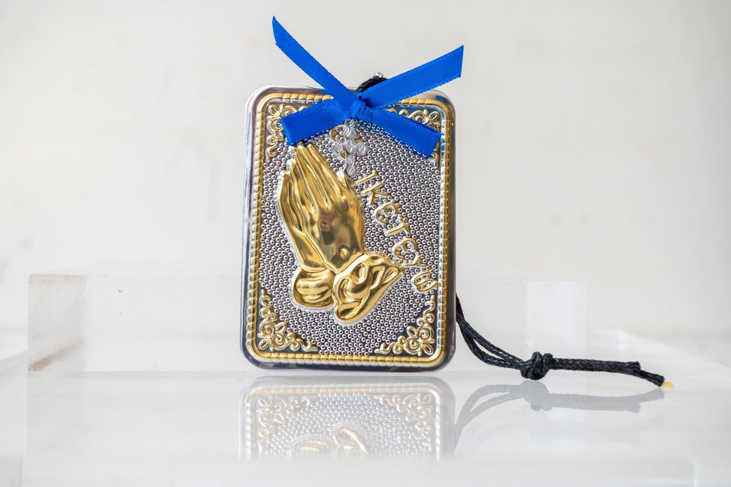 tama votive offering "Σε Ικετευω - I implore you" votive with painted Golden corners Ribbon and Cross, Byzantine Greek  Orthodox Promise Icon, Ex Voto