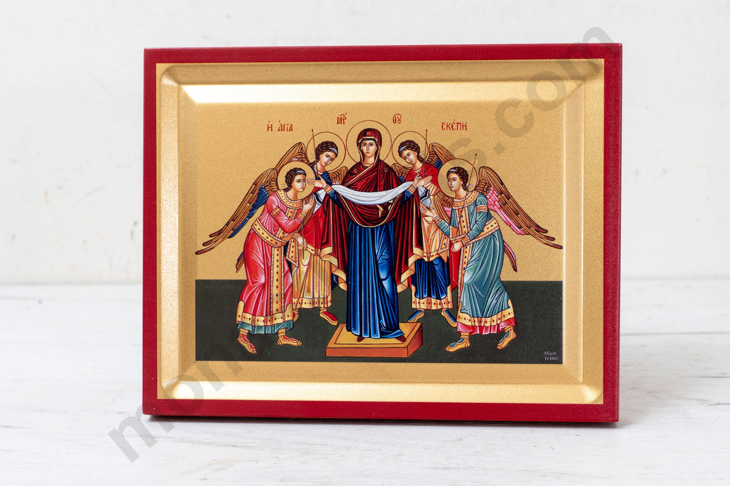 Protection of The Holy Theotokos with Archangels  Icon on Golden Silk Canvas.