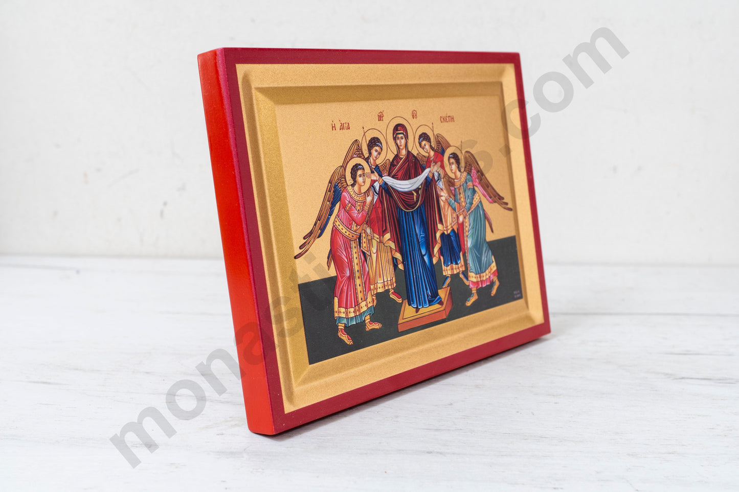 Protection of The Holy Theotokos with Archangels  Icon on Golden Silk Canvas.