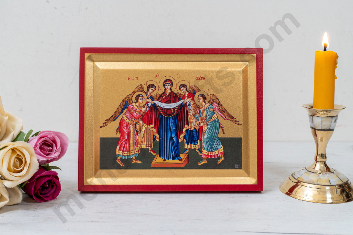Protection of The Holy Theotokos with Archangels  Icon on Golden Silk Canvas.