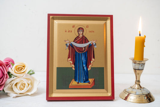 Protection of The Virgin Mary Greek Orthodox  Icon on Golden Silk Canvas.
