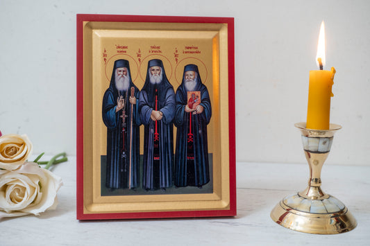Saints Paisios - Porfyrios Icon Handmade on Golden Silk Canvas, Stunning Detail