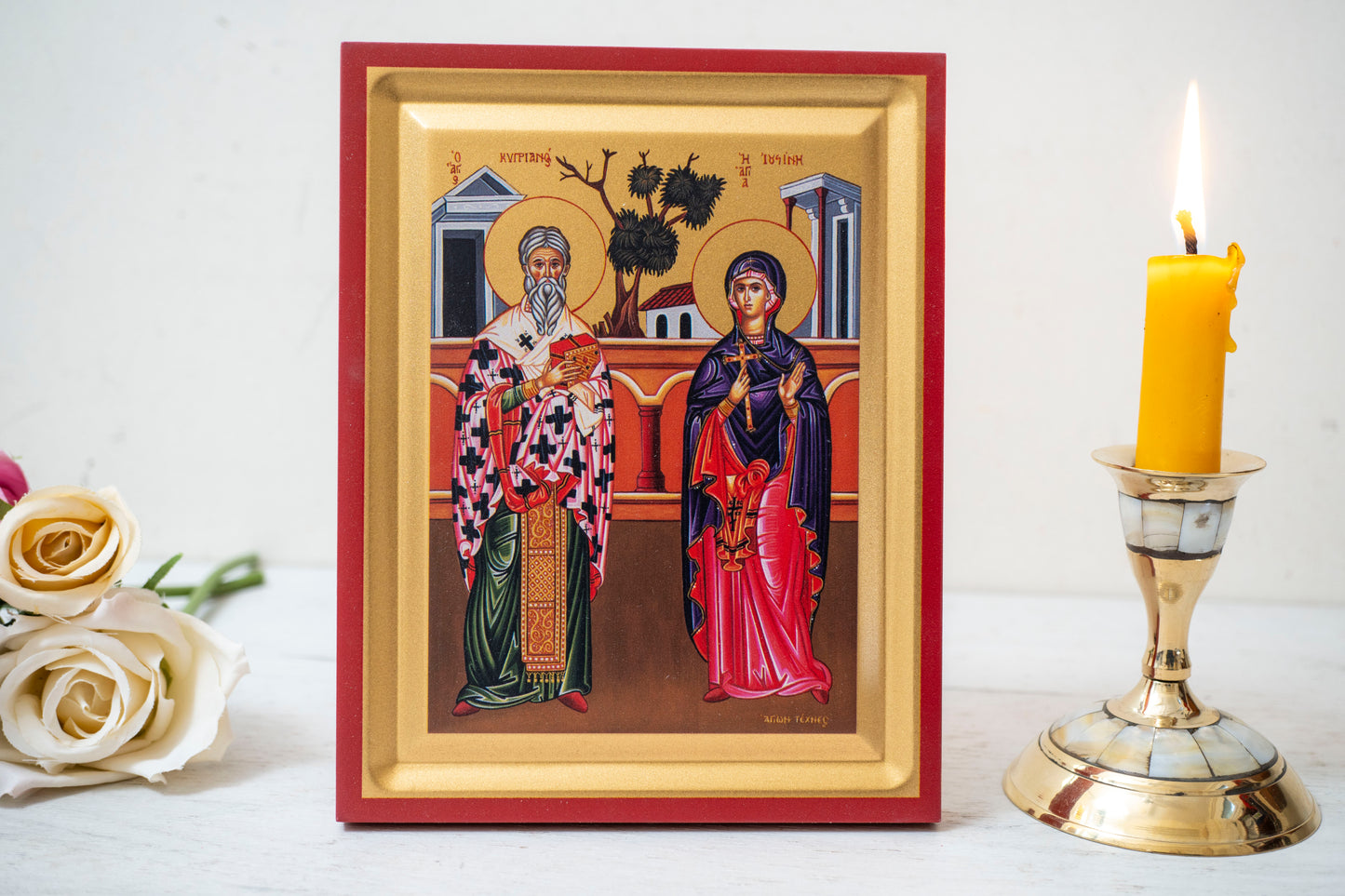 Saint Cyprian and Saint Justina Orthodox Icon Handmade on Golden Silk Canvas.