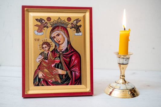 The Healing Virgin Mary Greek Orthodox Icon Handmade on Golden Silk Canvas.