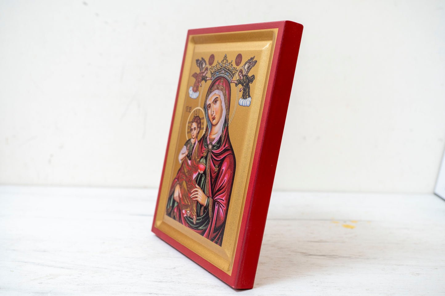 The Healing Virgin Mary Greek Orthodox Icon Handmade on Golden Silk Canvas.