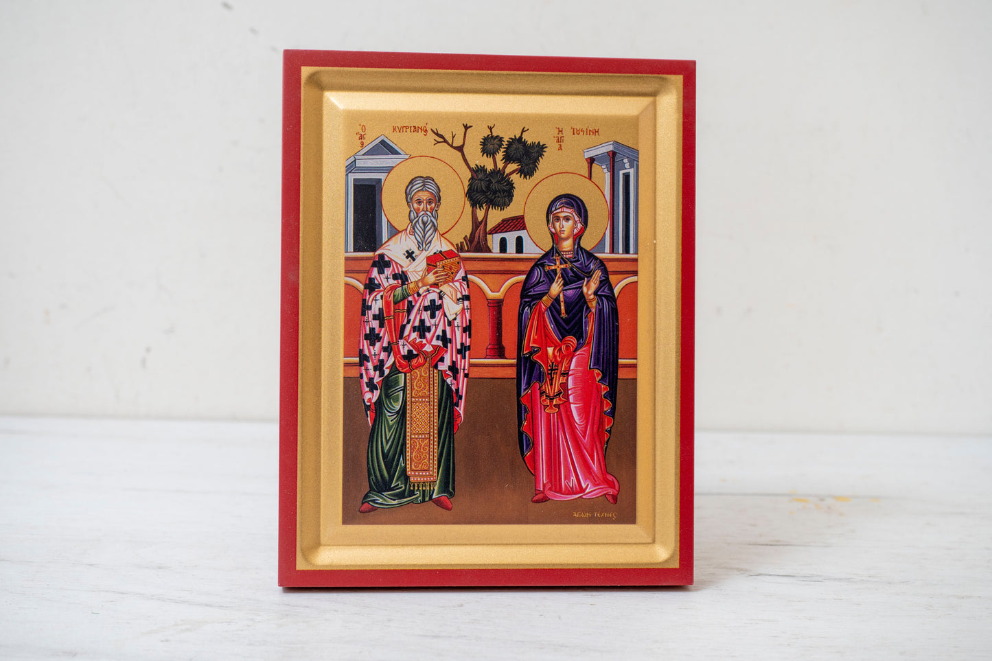 Saint Cyprian and Saint Justina Orthodox Icon Handmade on Golden Silk Canvas.