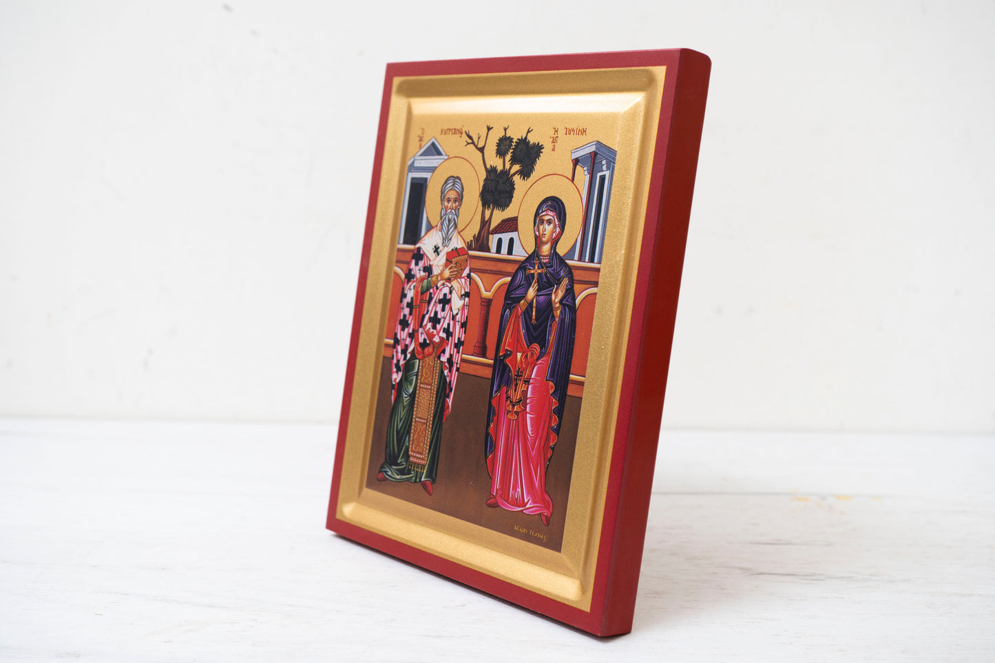 Saint Cyprian and Saint Justina Orthodox Icon Handmade on Golden Silk Canvas.