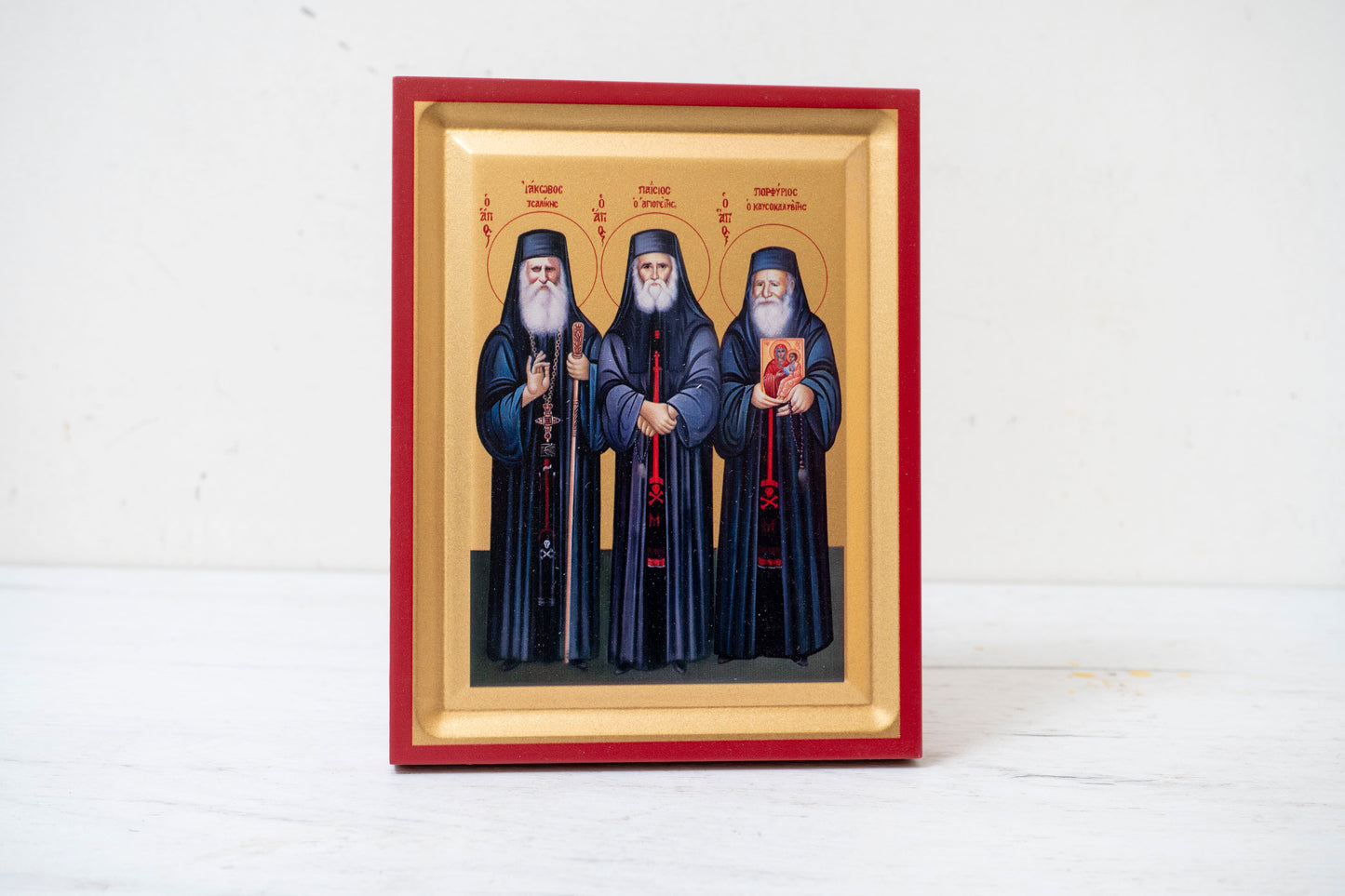 Saints Paisios - Porfyrios Icon Handmade on Golden Silk Canvas, Stunning Detail