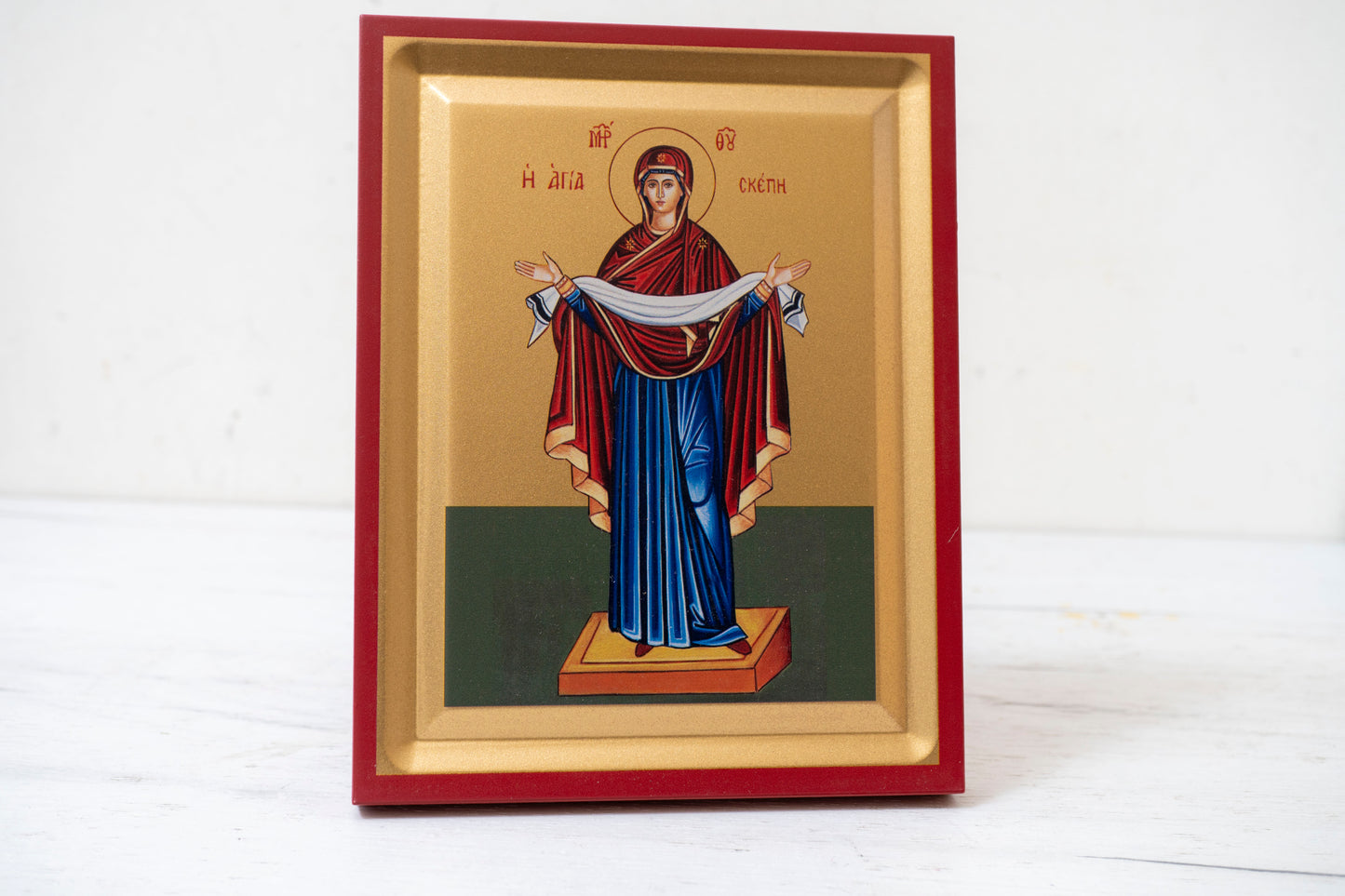 Protection of The Virgin Mary Greek Orthodox  Icon on Golden Silk Canvas.