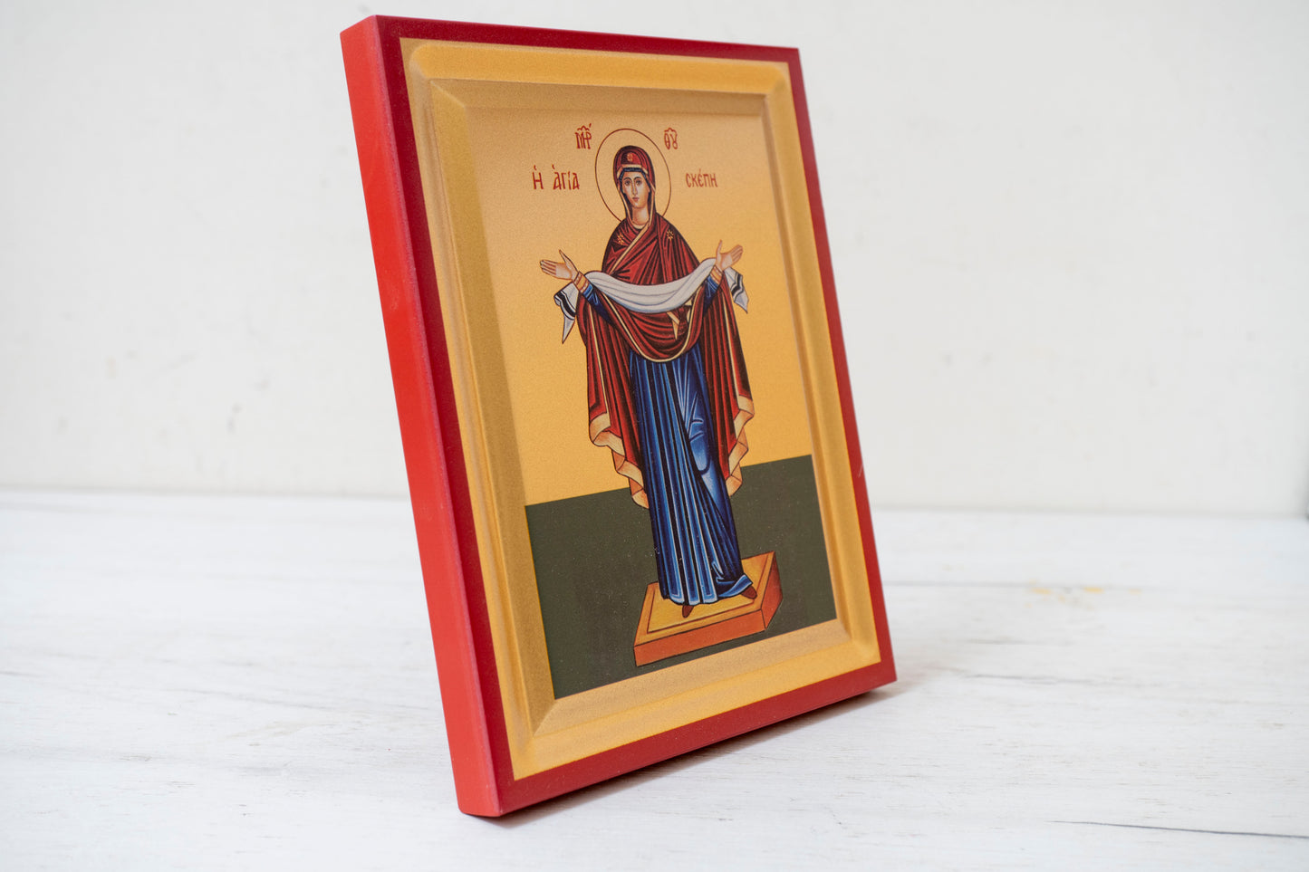 Protection of The Virgin Mary Greek Orthodox  Icon on Golden Silk Canvas.