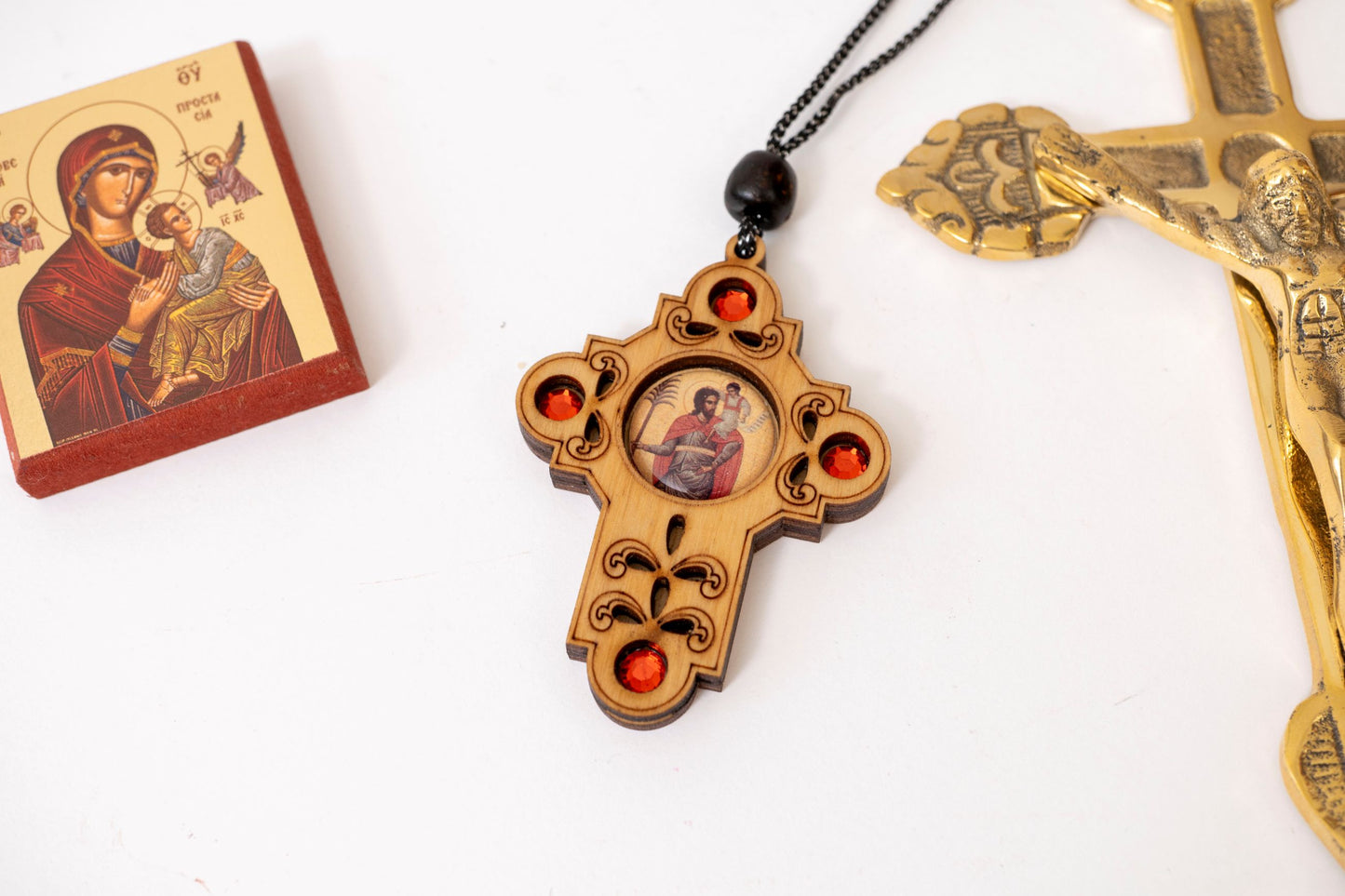 Hanging Wooden Cross with Christian Icon and Crystal Accents - 5x7 cm (1.96x2.75 in) - Car and Home Decor