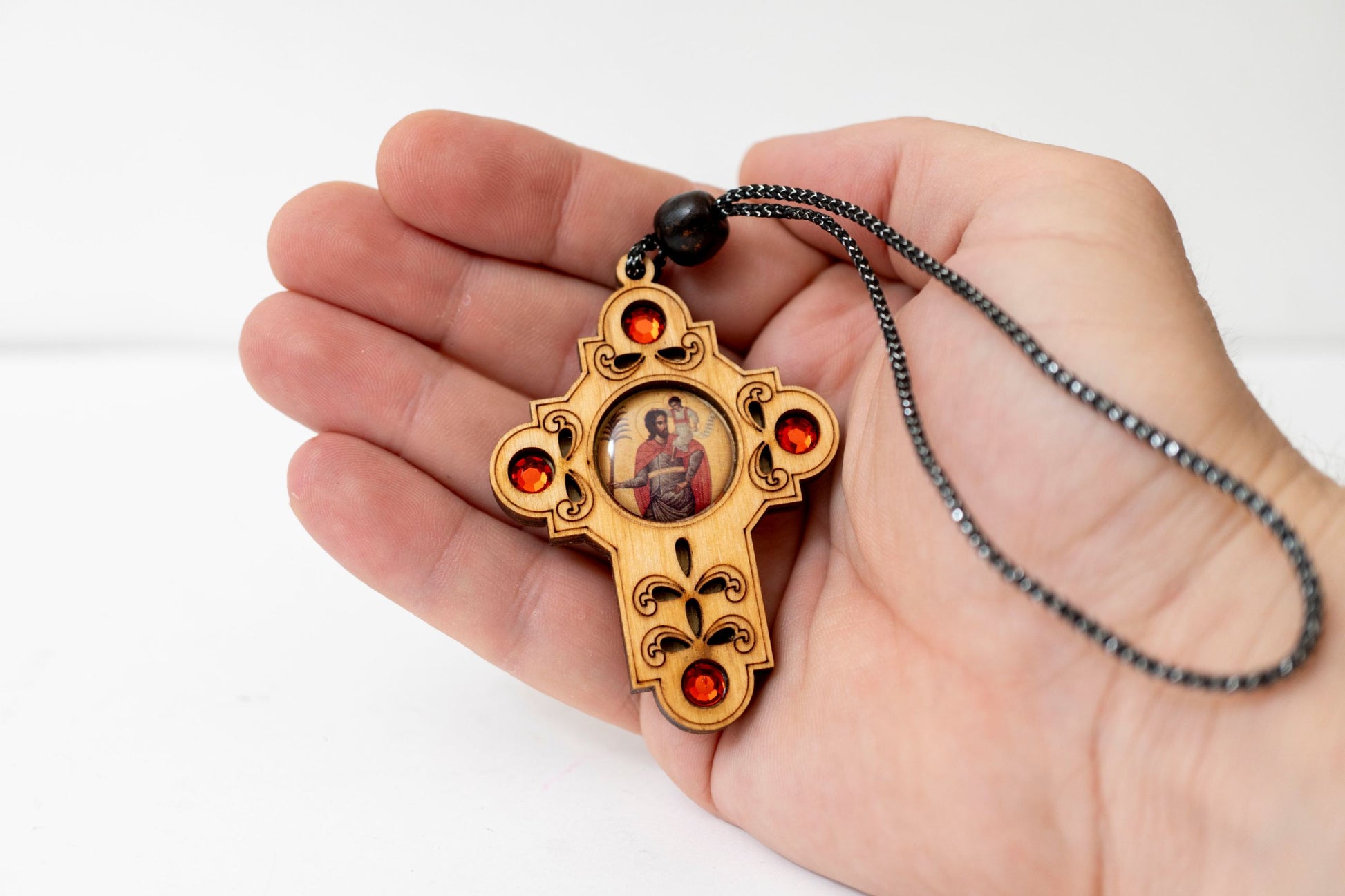 Hanging wooden cross with Christian icon and crystal accents 5x7 cm (1.96x2.75 in) for car mirror and home