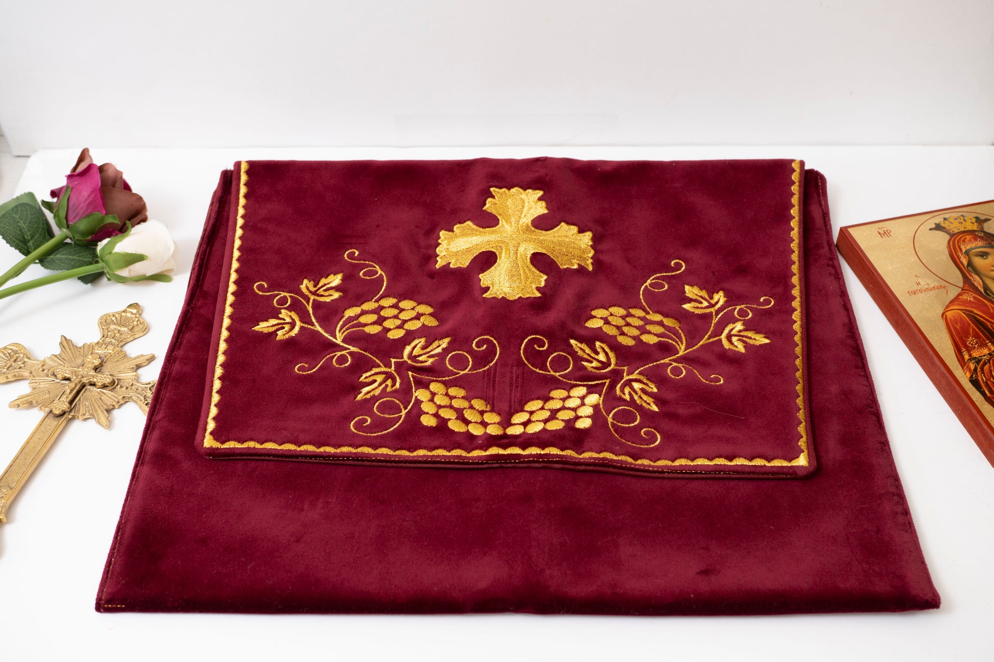Handcrafted gold embroidered velvet epitrachelion stole storage case for Orthodox clergy vestments made in Greece