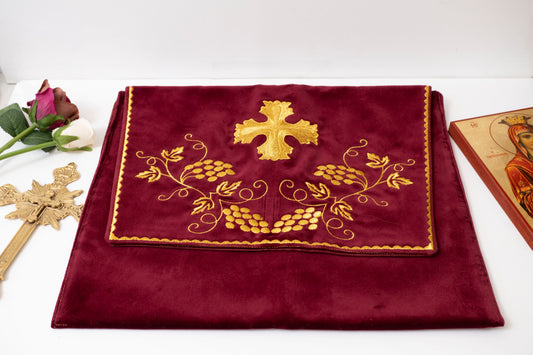 Handcrafted gold embroidered velvet epitrachelion stole storage case for Orthodox clergy vestments made in Greece