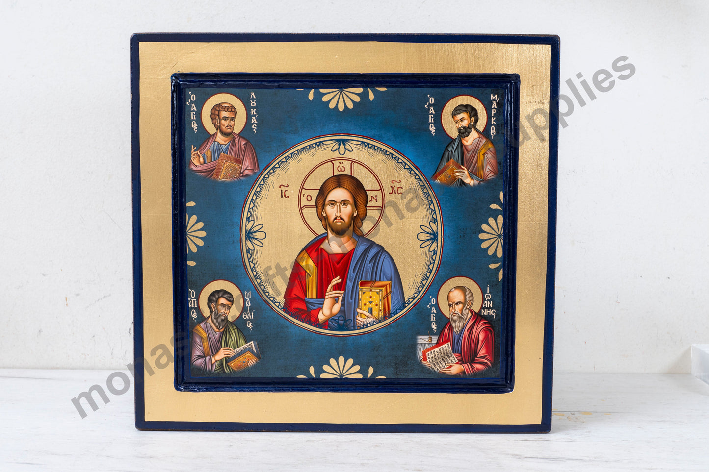 Jesus Christ The Almighty with 4 Evangelist Handmade Byzantine Gold Leaf on Wood