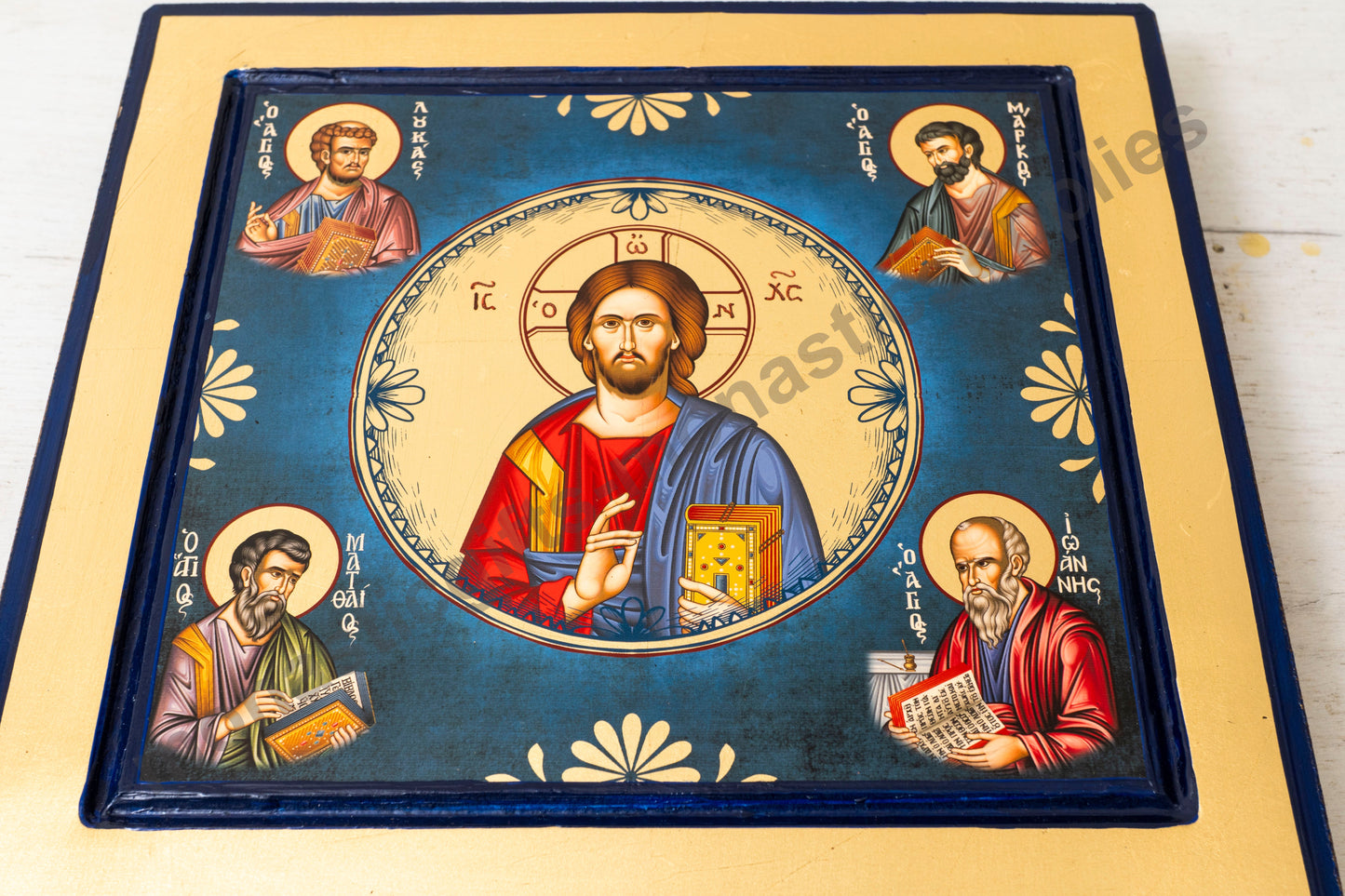 Jesus Christ The Almighty with 4 Evangelist Handmade Byzantine Gold Leaf on Wood