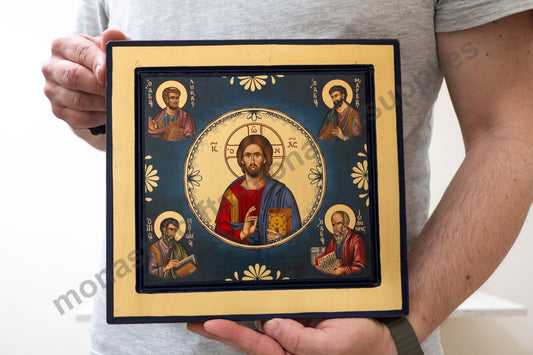 Jesus Christ The Almighty with 4 Evangelist Handmade Byzantine Gold Leaf on Wood
