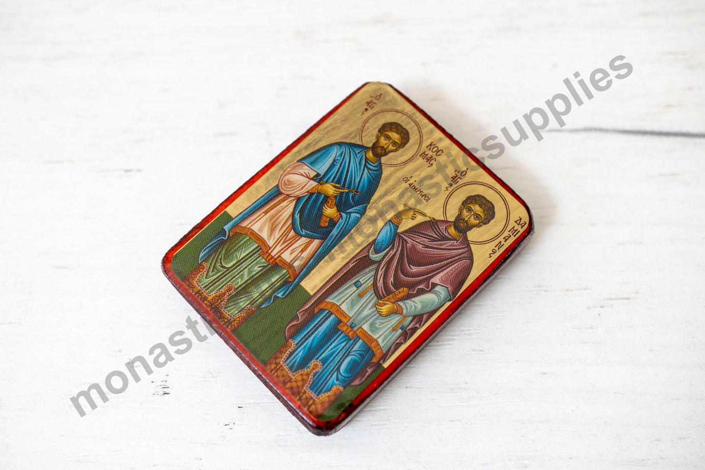 Sts. Cosmas & Damian Mini Handmade Orthodox Icon – Gold Leaf, Scratch-Resistant