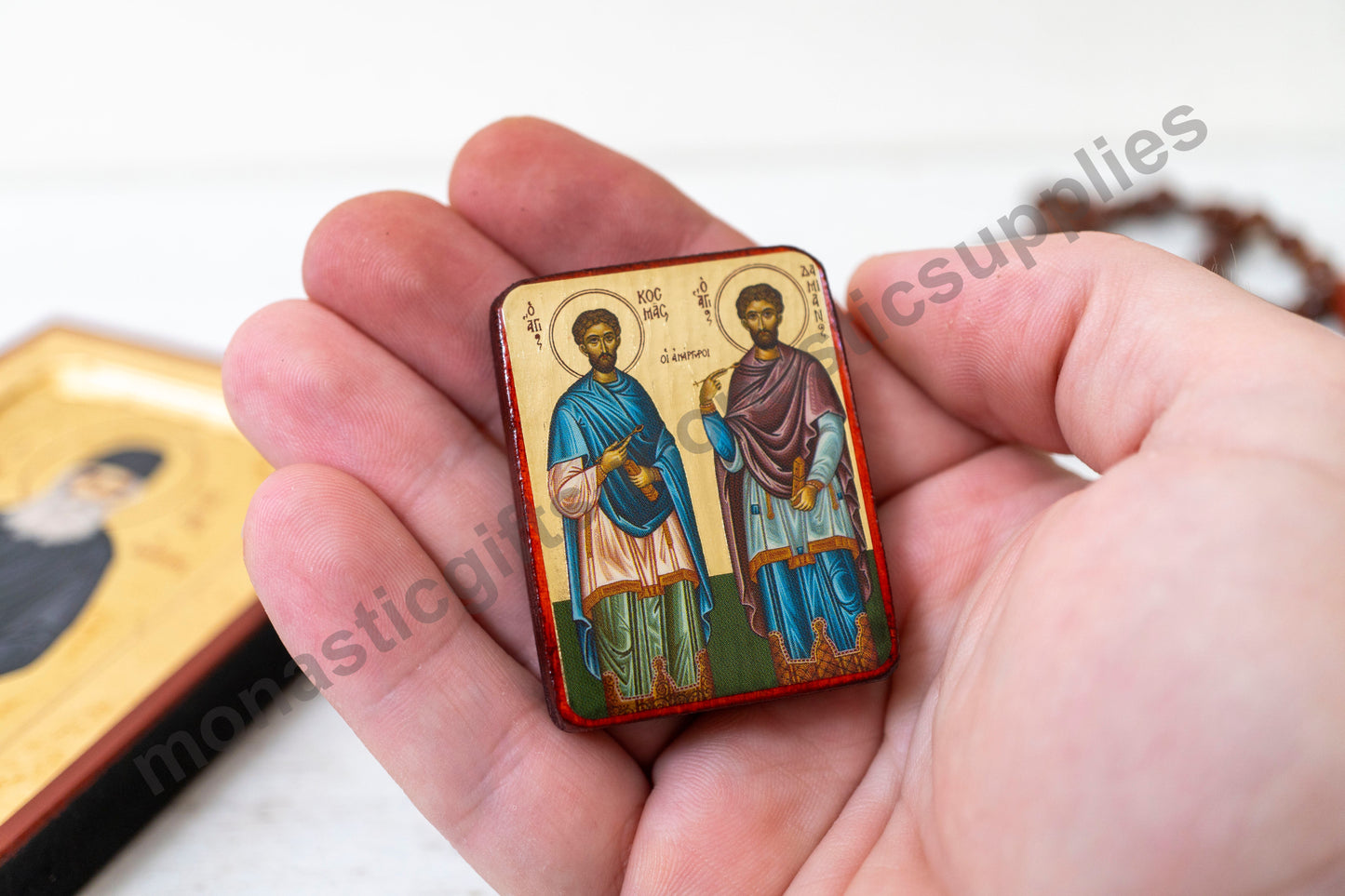 Sts. Cosmas & Damian Mini Handmade Orthodox Icon – Gold Leaf, Scratch-Resistant