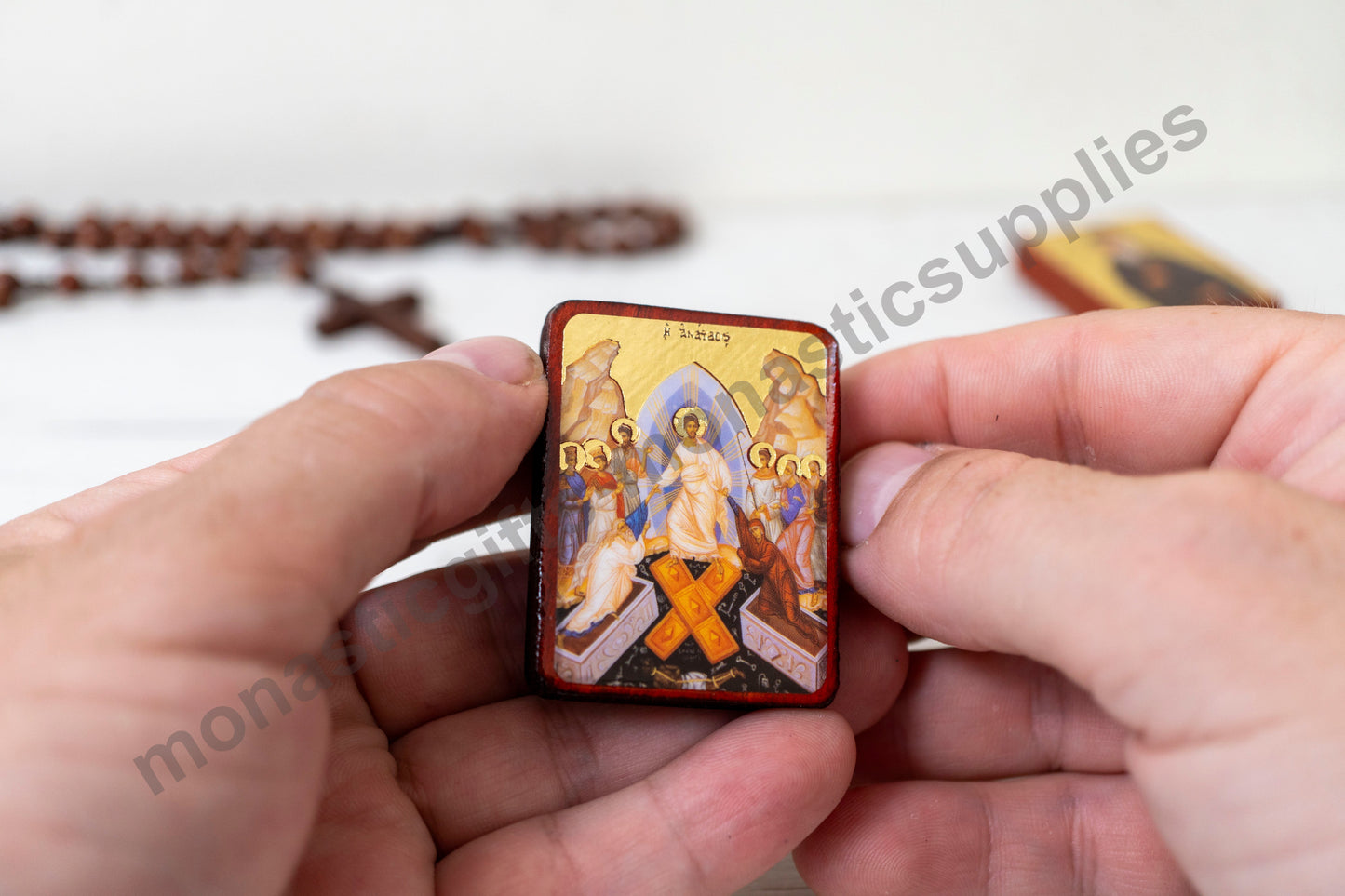 Resurrection of Christ Mini Handmad Orthodox Icon ,Gold Leaf, Pocket or Car Size