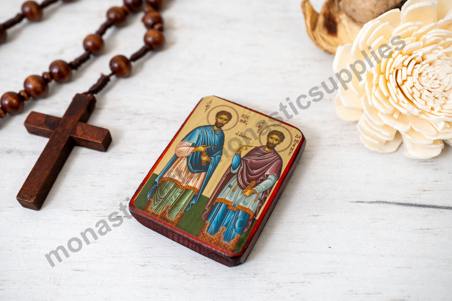 Sts. Cosmas & Damian Mini Handmade Orthodox Icon – Gold Leaf, Scratch-Resistant