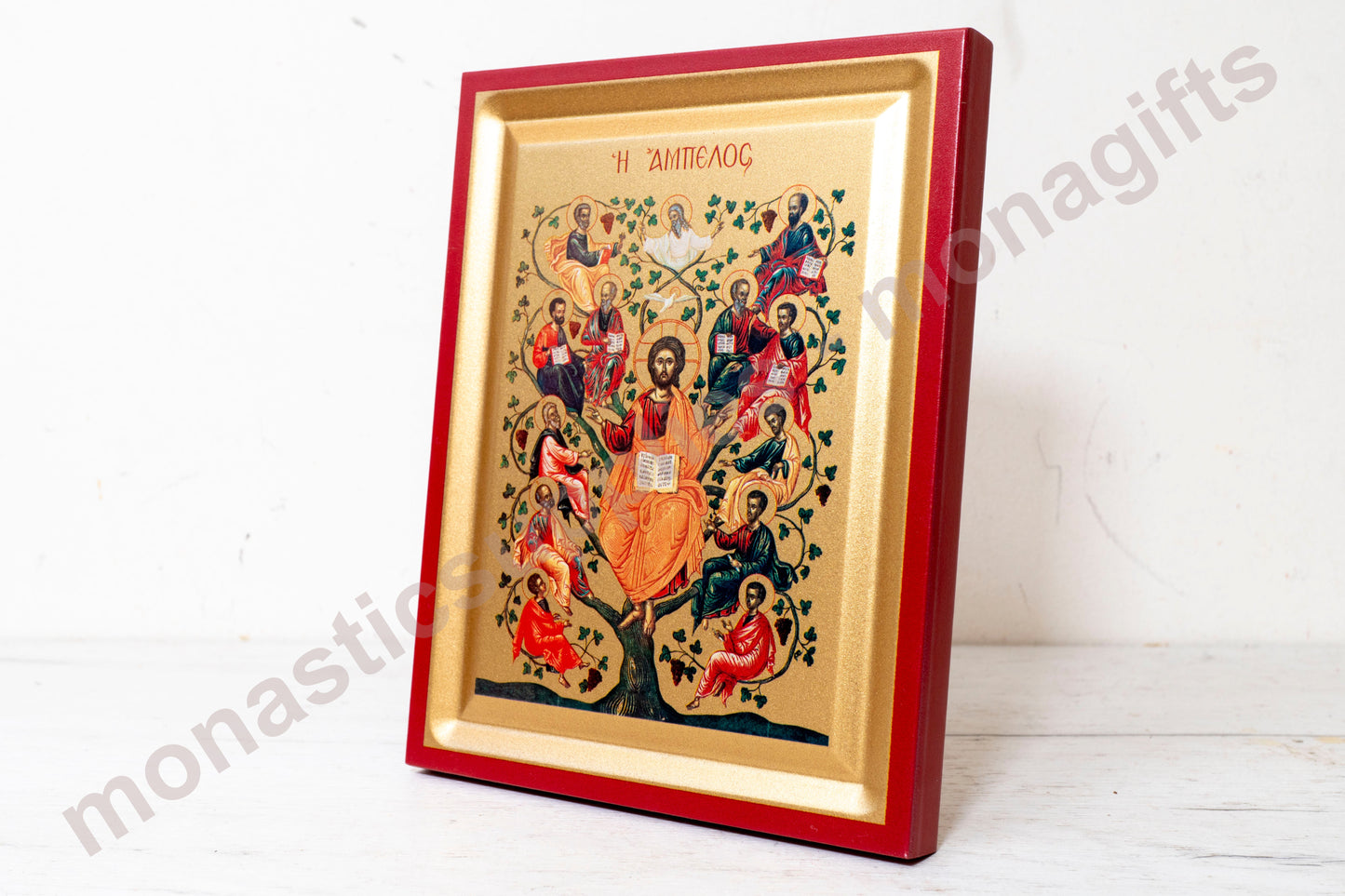 Jesus with Apostles on the vine of Ampelos Icon on Golden Silk Canvas